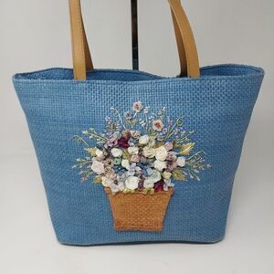 Blue Woven Cappelli Straworld Inc handbag with embroidery.